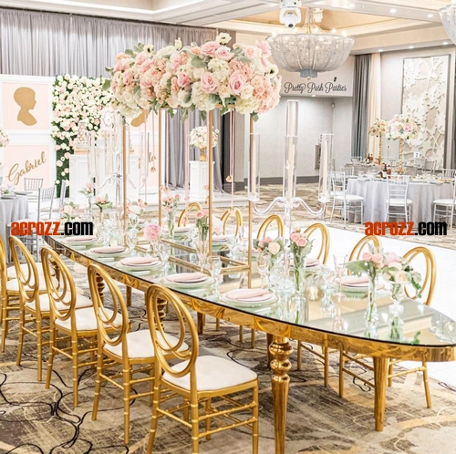 China Factory New Fashion Design Party Wedding Table Gold Silver Stainless Steel Plating Marble Orglass Desktop Glass Luxury Event Oval Banquet Table
