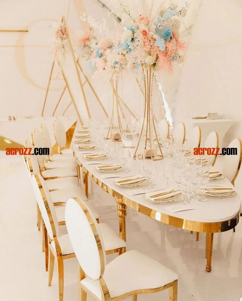 China Factory New Fashion Design Party Wedding Table Gold Silver Stainless Steel Plating Marble Orglass Desktop Glass Luxury Event Oval Banquet Table