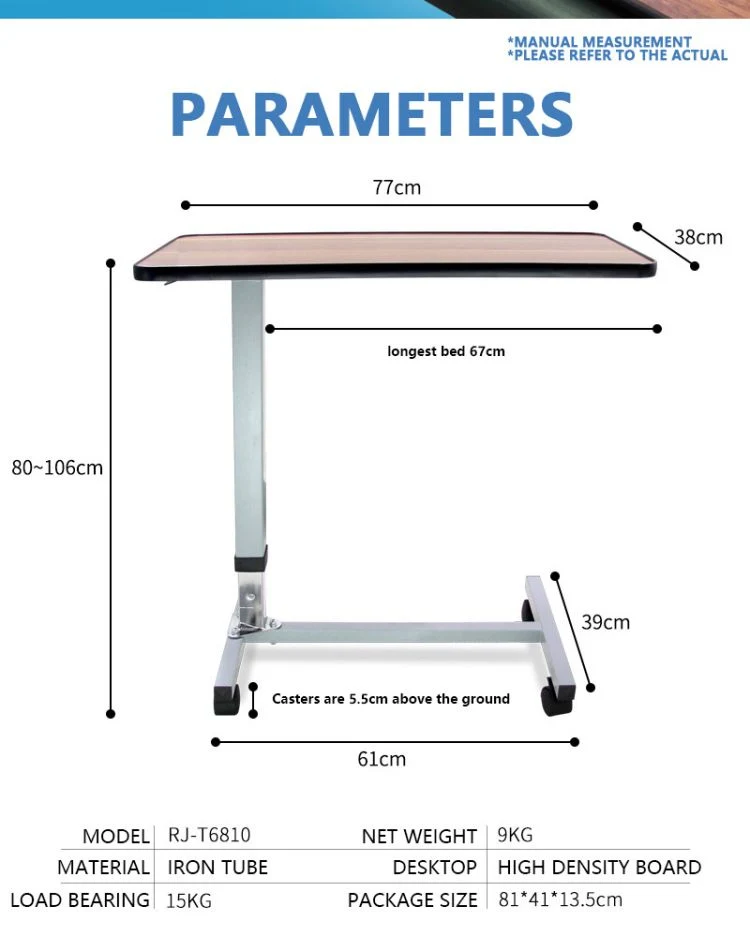 Height Adjustable Hospital Movable Over Bed Medical Patient Bedside Dinner Table