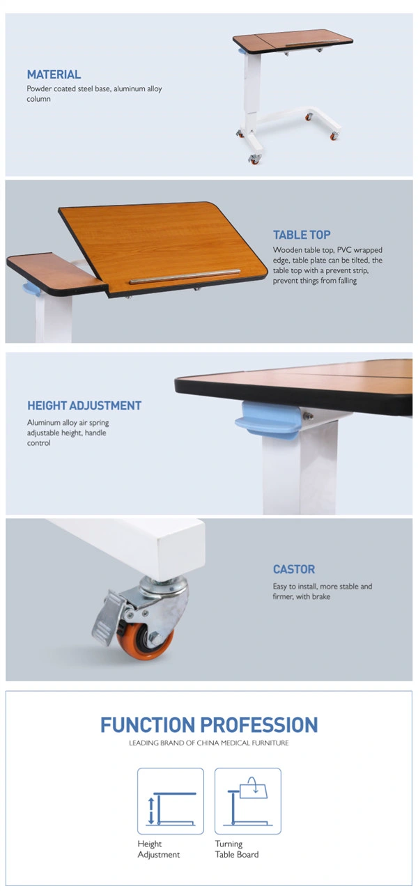 Factory Supply Wooden Table Top Hospital Furniture Medical Device Over Bed Bedside Table Hospital Adjustable Over Bed Table Used in Patient Rooms with ISO