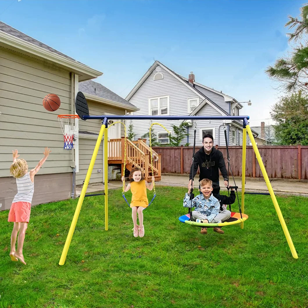 2023 Outdoor Metal Swing Set 3 Play Station with Basketball Hoop, 550 Lbs Function Kids Swing Saucer