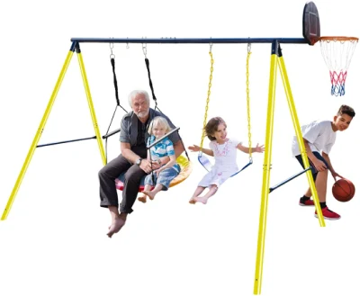 2023 Outdoor Metal Swing Set 3 Play Station with Basketball Hoop, 550 Lbs Function Kids Swing Saucer